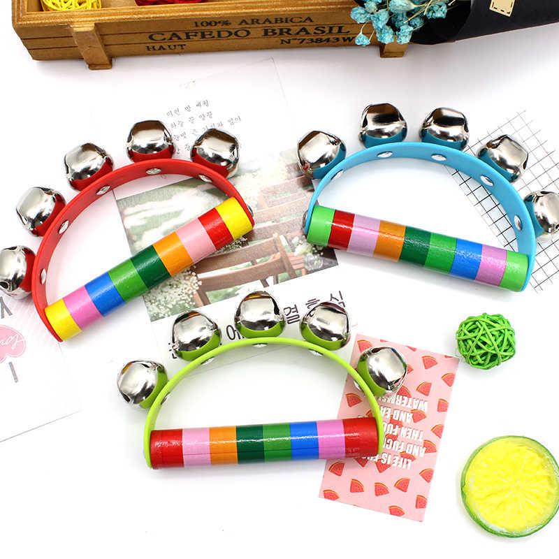 Seven-Color Wooden Handle Semi-Circular Hand-cranked Children's Educational Musical Rattle with Five Colorful Bells