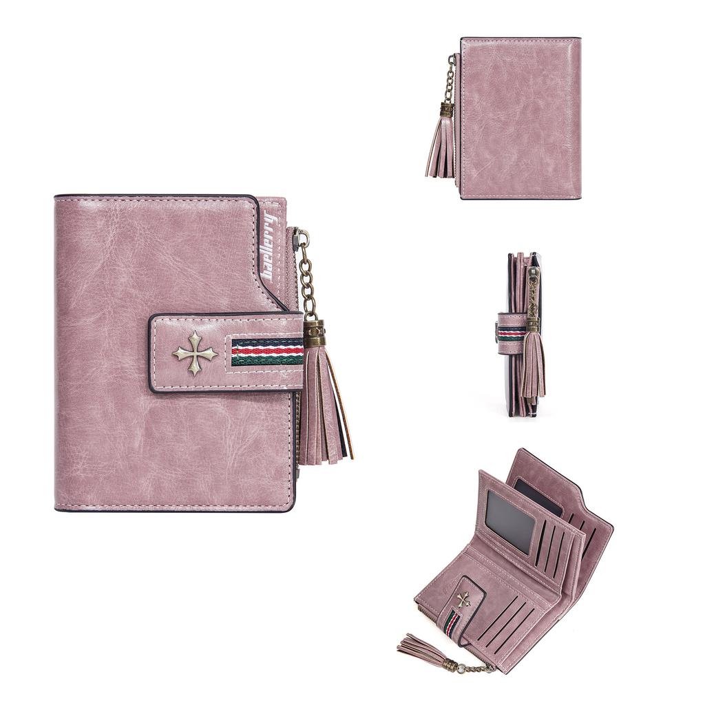 New pu women's wallet Korean oil wax leather fringed fashion short multi-card zipper change bag