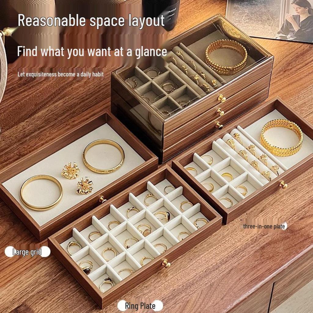 Exquisite Walnut Jewelry Box with Anti-Oxidation for Rings, Bracelets, Necklaces, and Earrings