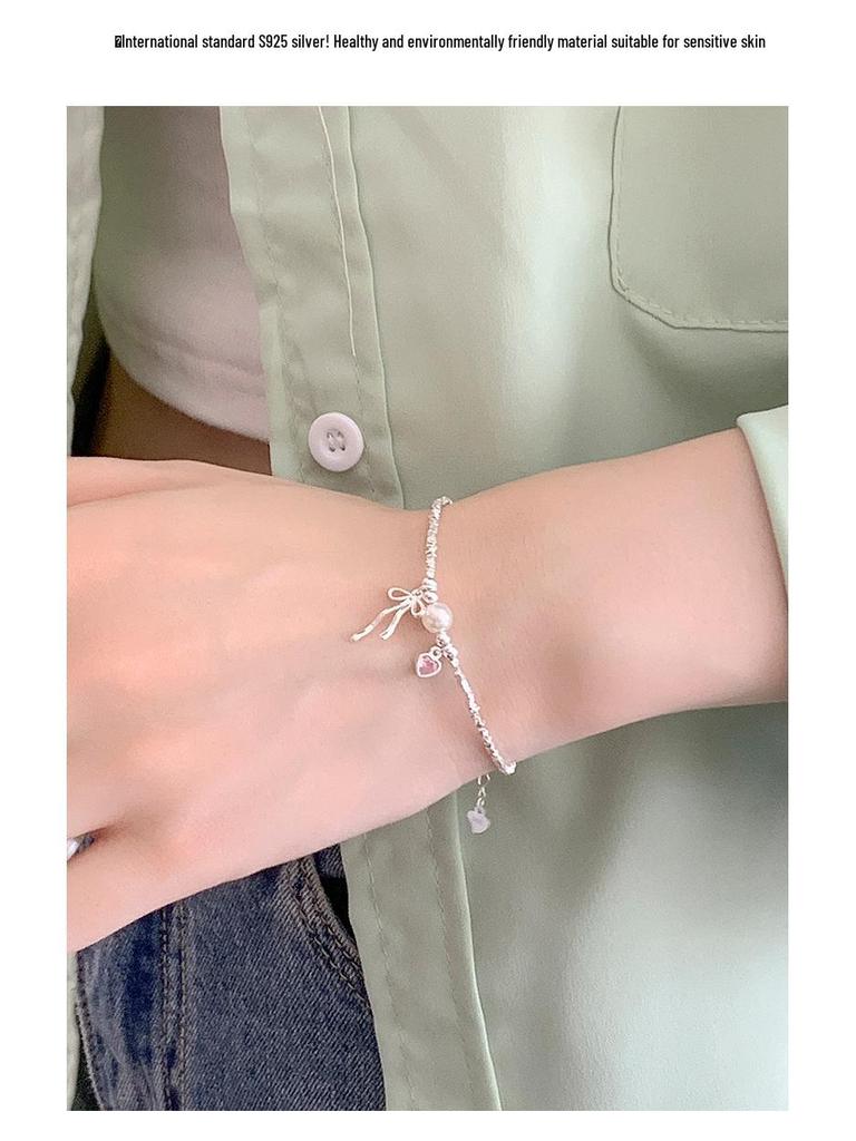 Banyan Tree S925 Silber Herz Schleife Perlenarmband - Süßer koreanischer Stil Schmuck.