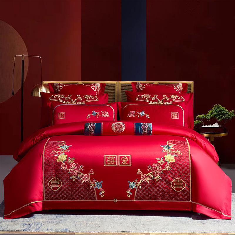 

Розкішний червоний весільний комплект постільної білизни зі 100% бавовни з довгим волокном, 200 ниток, з вишивкою. Larger 2.0m 4-piece 220x240