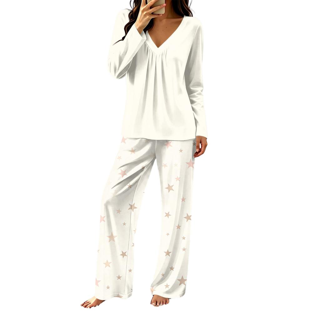 Women's V-Neck Loose Fit Printed Pajama Set Two Piece Sleepwear for Casual