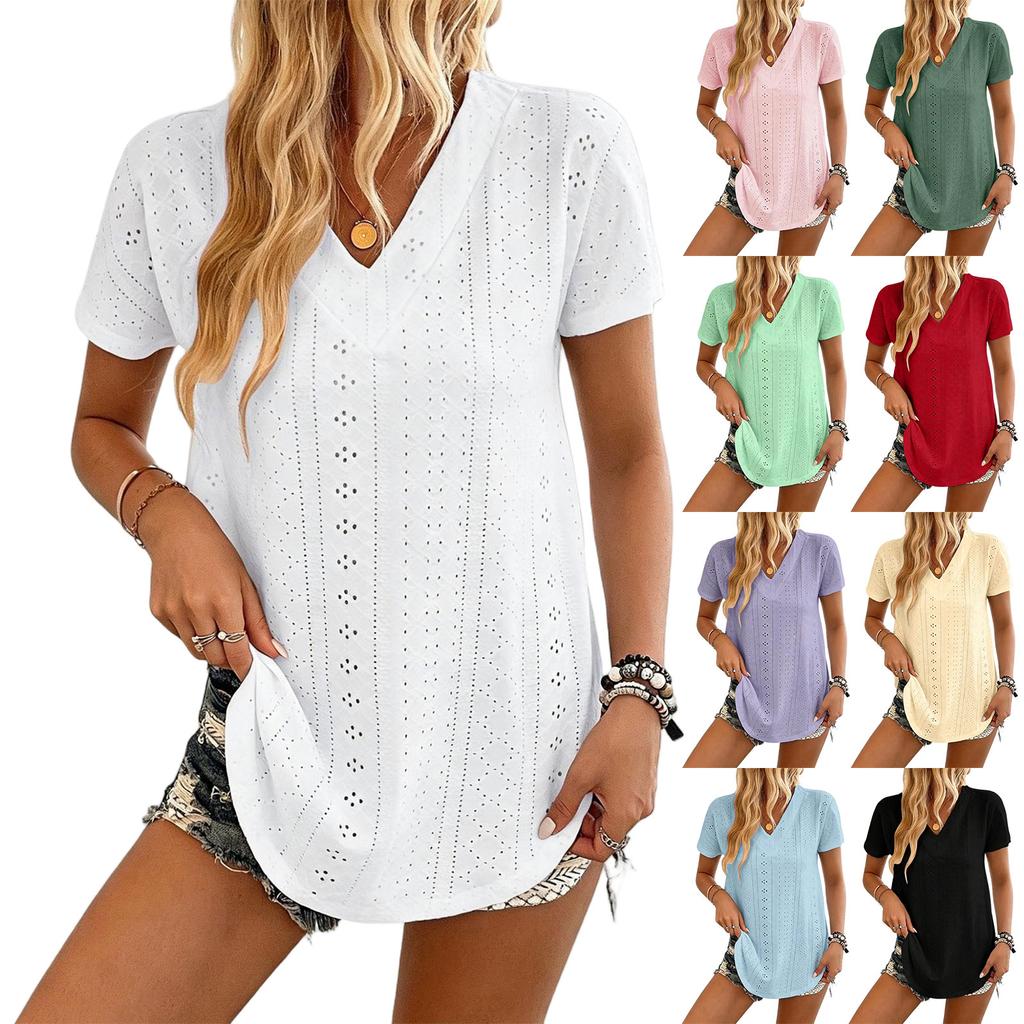 Short Sleeve Blouses for Women V Neck Eyelet Knit Women's Short Sleeve Tops Casual Loose Fit Womens Short Sleeve Blouses