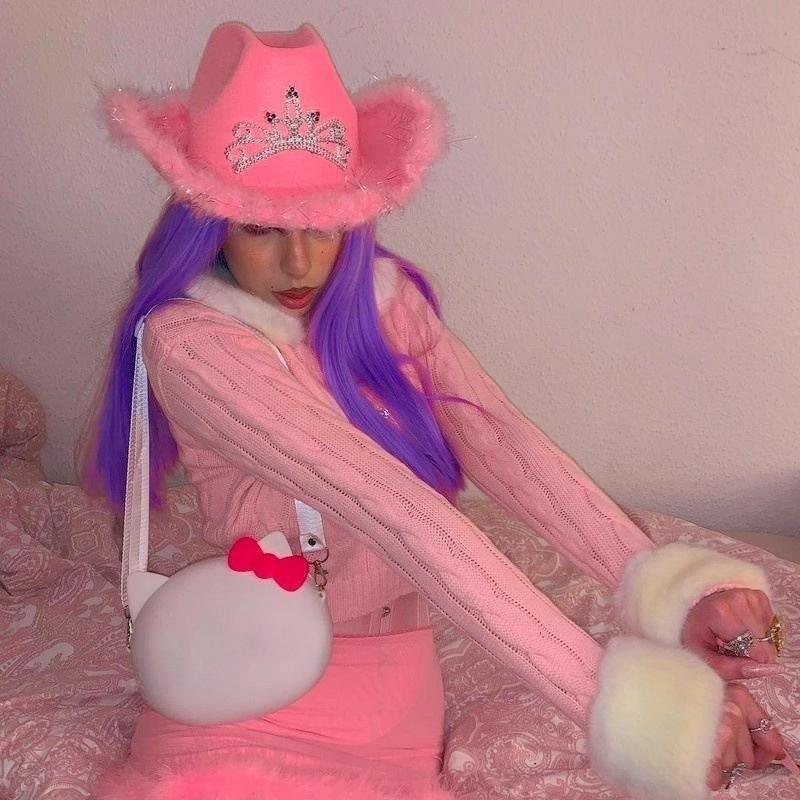 Pink Crown Western Cowgirl Hat Women Girls Tiara Feather Felt Sequin Cowboy Cap Costume Party Jazz Caps Halloween Cosplay Props