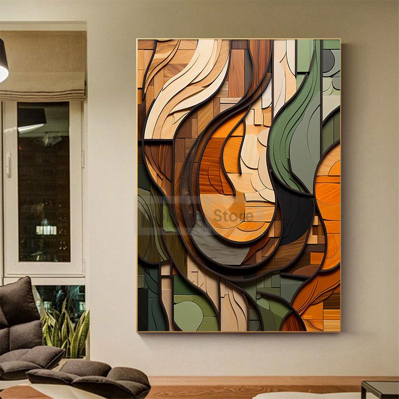 Boho Wood Shapes Botanical Poster Earth Tones Prints Canvas Painting Wall Art Pictures Home Room Organic Textures Modern Decor