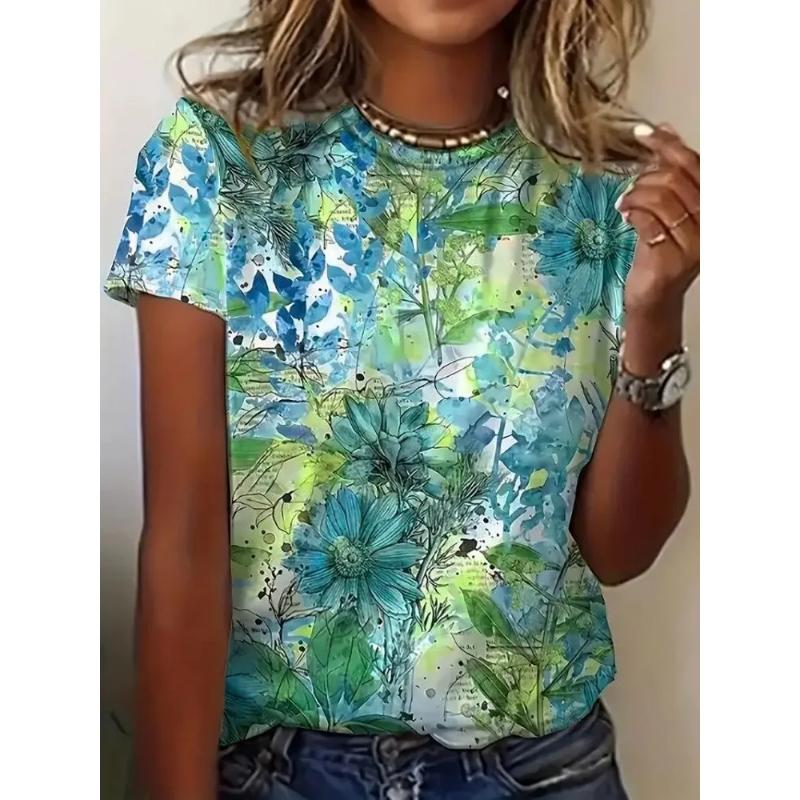 Fashion Women's Crew Neck T-Shirt 3D Flower Color Printing Crew Neck Short Sleeve