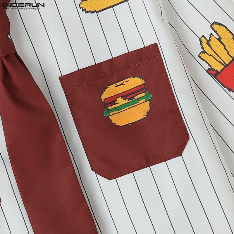 INCERUN Men Tie Lapel Neck Short Sleeve Button Down Cartoon Print Casual Cropped Shirts