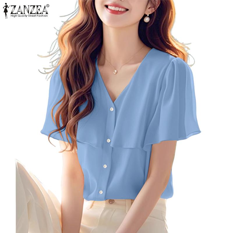 ZANZEA Women Casual V-Neck Loose Summer Short Sleeve Blouse