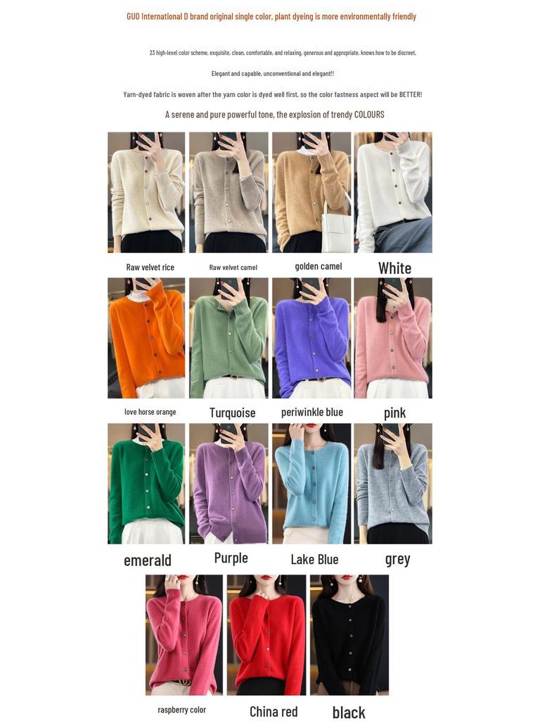 Women's Seamless Round Neck 100% Pure Wool Cardigan for Spring & Autumn