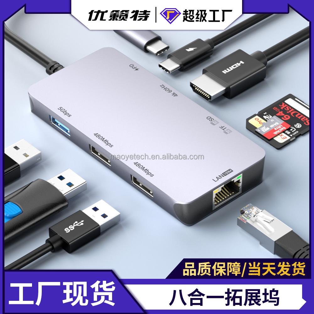 Quick Ship 8-in-1 Type C Hub Ethernet 4K HD SD TF Card Reader with PD 100W USB Port in Stock USB C Braided Docking Station