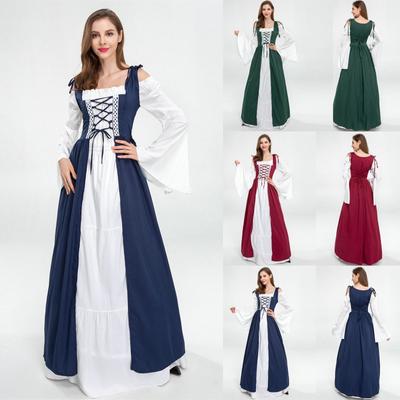 Damen Renaissance Mittelalter Kostümkleid, Langarm Schnürkleid für Halloween, Cosplay und Partys