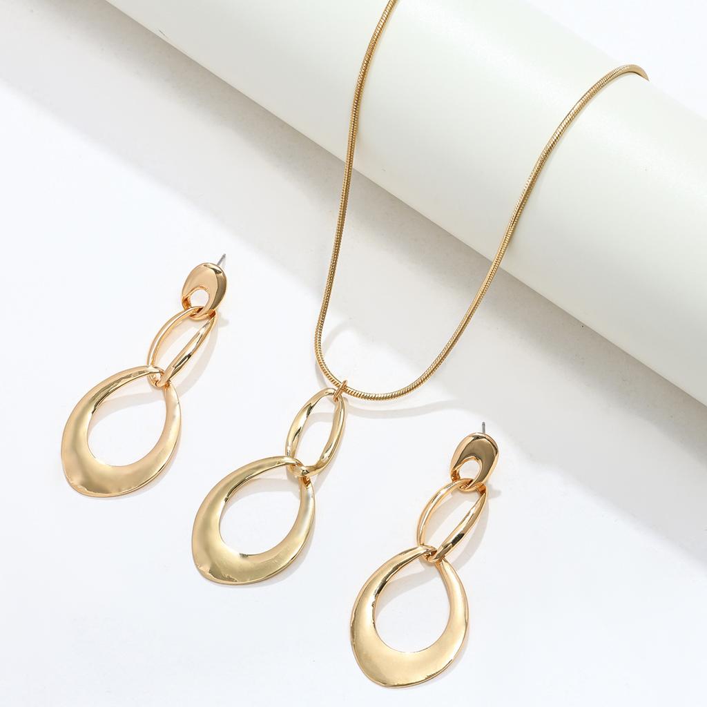 Elegant Metal Water Drop Ring Tassel Long Pendant Necklace Earrings Jewelry Set