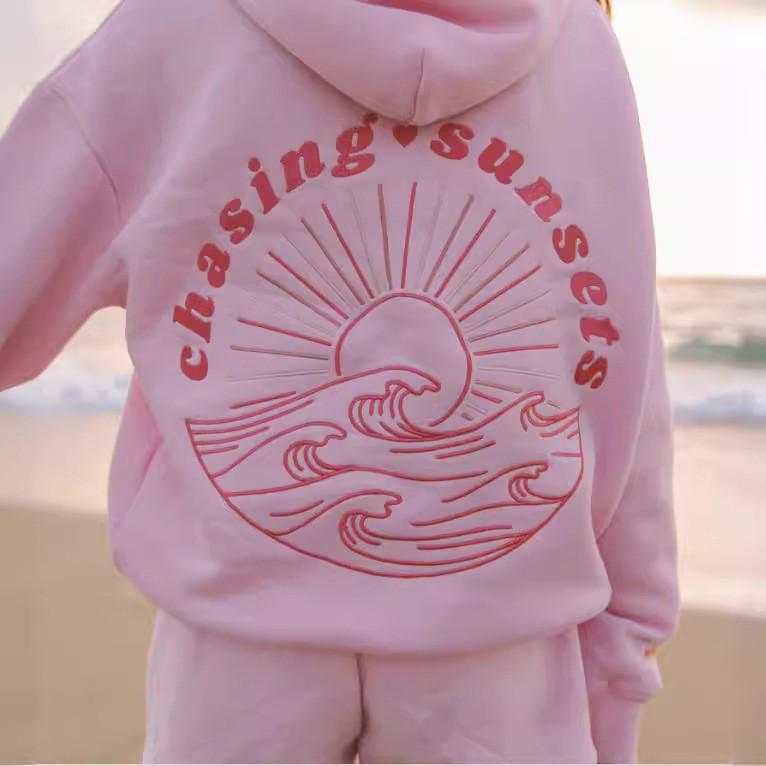 Europäische Größe Kokosnusswellen-Stickerei Hoodie mit überschnittenen Ärmeln XS
