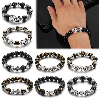 Pulseira da Sorte Contas Budistas Atrair Riqueza Pulseira PiXiu de Prata Feng Shui Pulseira de Pulso de Obsidiana
