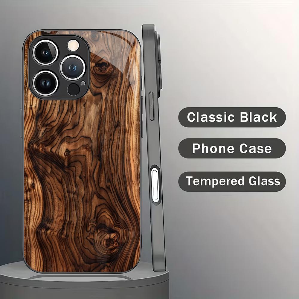 Vintage Wood Grain Printed Glass Phone Case Suitable for iPhone 17 16 15 14 13 12 11 Pro/Max/Plus Anti Drop and Shockproof