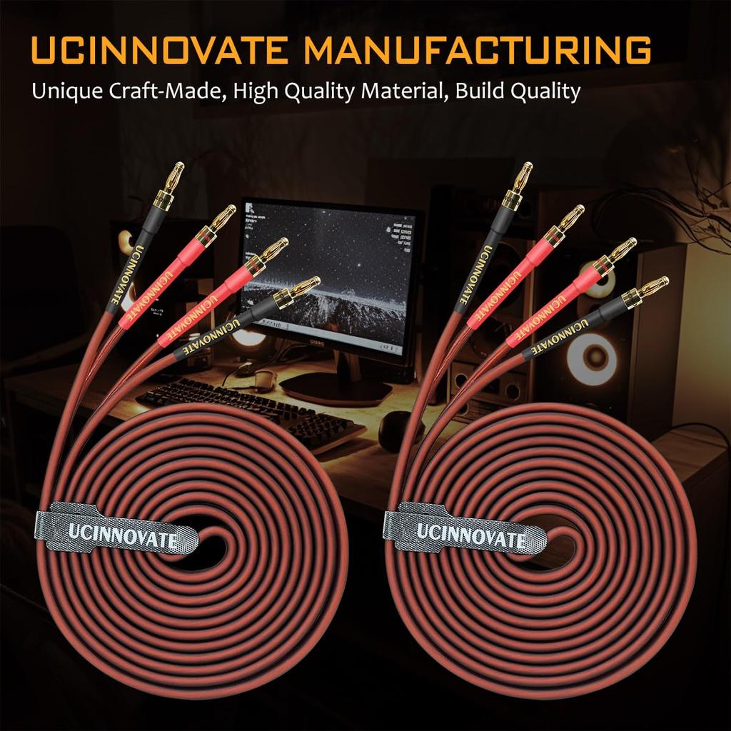 UCINNOVATE Speaker Cable with Banana Plugs 2-Pack 9.8ft/3m 14 Gauge OFC Speaker Wire Gold-Plated Banana Plugs for Home Theater Hi-Fi Audio Amp