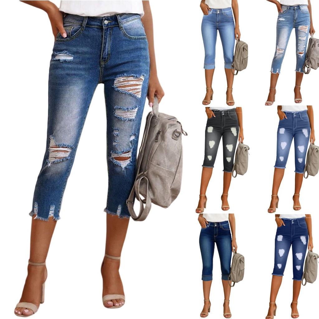Damenjeans Retro-Farbe High-Waist-Design Cropped Jeans