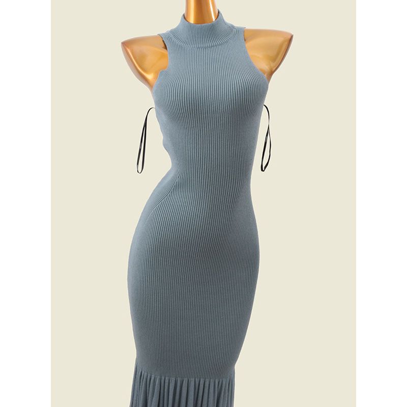 Foreign Trade Original Order Pure Desire Beauty Back Dress Pleated Fishtail Narrow Shoulder Hanging Neck Knitted Vest Skirt Women