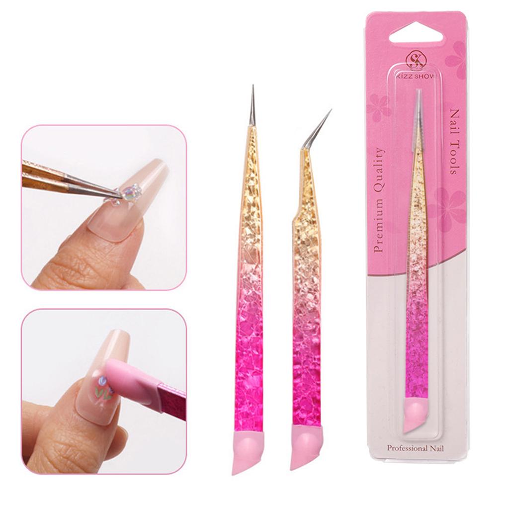 Double Ended Nail Art Tweezers for Women Stainless Steel Tweezer Straight Curved Tweezers with Silicone Pressing Head