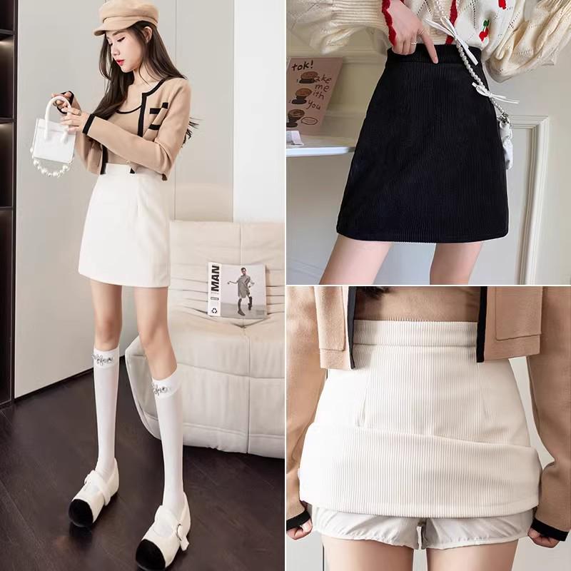 Korean Style Petite High-Waist Corduroy A-Line Skirt: Black Slimming Midi & Mini Skirt for Autumn/Winter