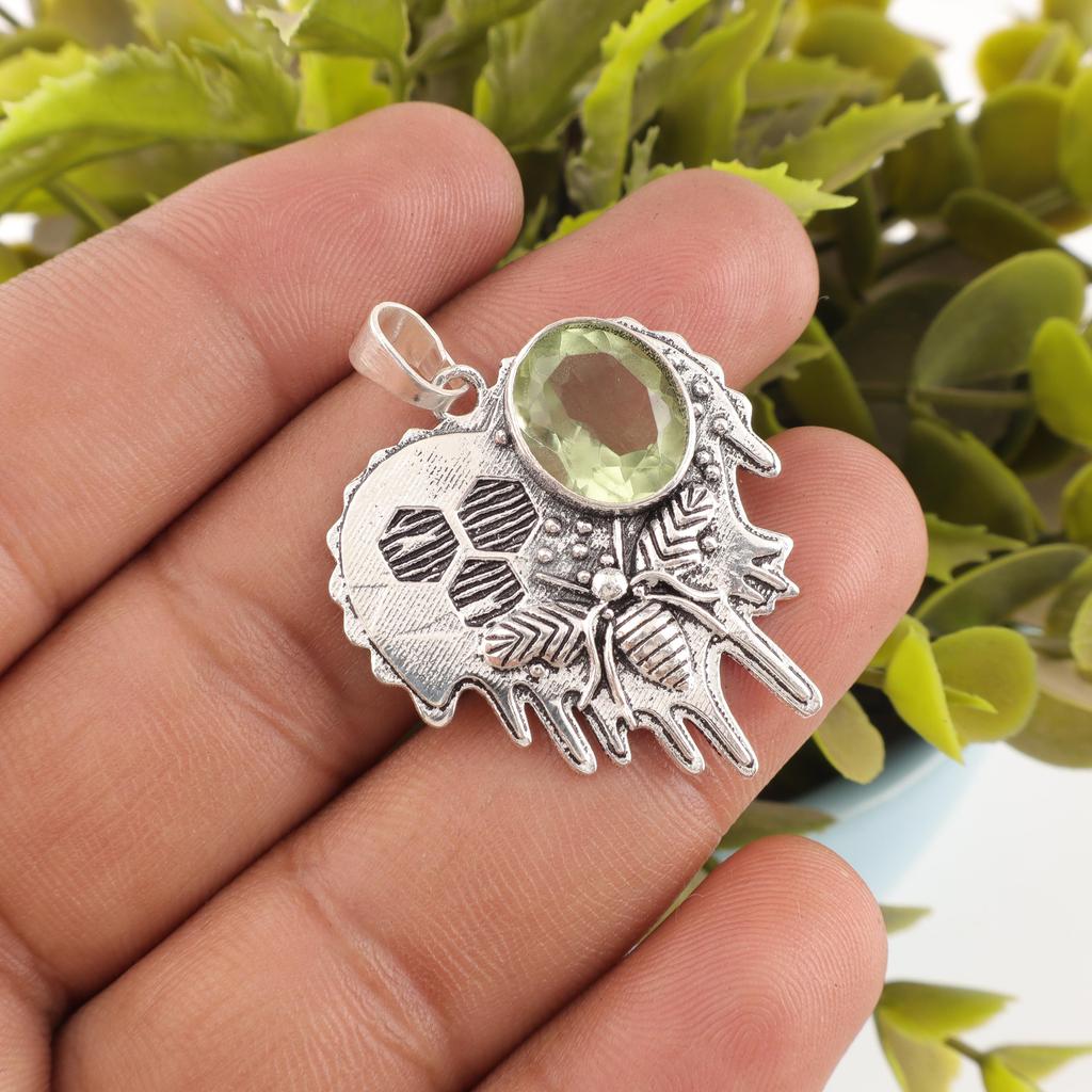 Green Amethyst Pendant Gemstone Jewelry, 925 Solid Sterling Silver Pendant, Gift For Women Handmade Pendant