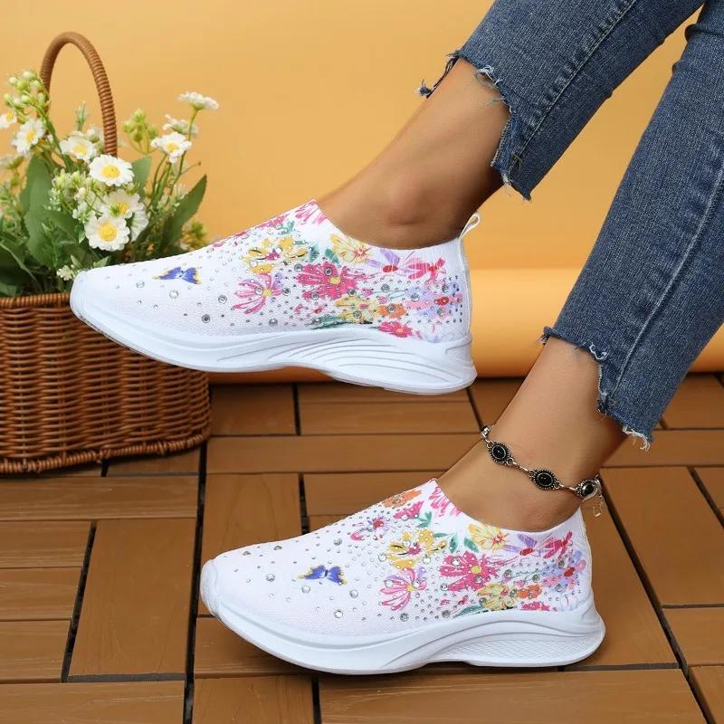 Fashion High Quality Plus Size 43 Women Shoes Comfort Breathable Casual Sneakers Women Fashion Rhinestone Flat Shoes for Women 2024