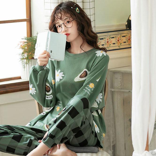 

Женский весенне-осенний милый пижамный комплект с принтом, женский свободный клетчатый комплект из двух предметов с длинными рукавами большого размера, костюм для сна M зелёный
