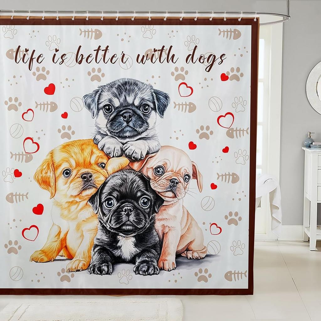 Cartoon Corgi Bathroom Curtain,Blossom Flower Green Leaves Shower Curtain Kids Girls Bathroom Decor,Cute Dog Nature Botanical