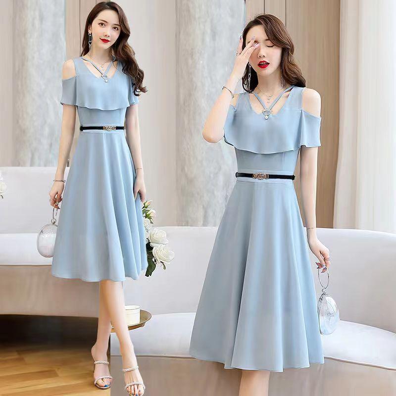 Schulterfreies Chiffonkleid mit Rüschen und Gürtel für den Sommer im koreanischen Stil, schmale, mittellange Taille und dünner, trägerloser Feenrock im Temperament für Damen