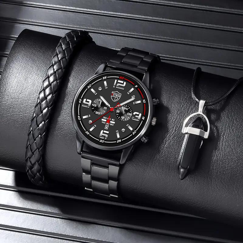 

3 шт./набор, 1 шт. модные мужские часы с календарем класса люкс для бизнеса из нержавеющей стали с кварцевым ремешком, 1 шт. браслет, 1 шт. ожерелье