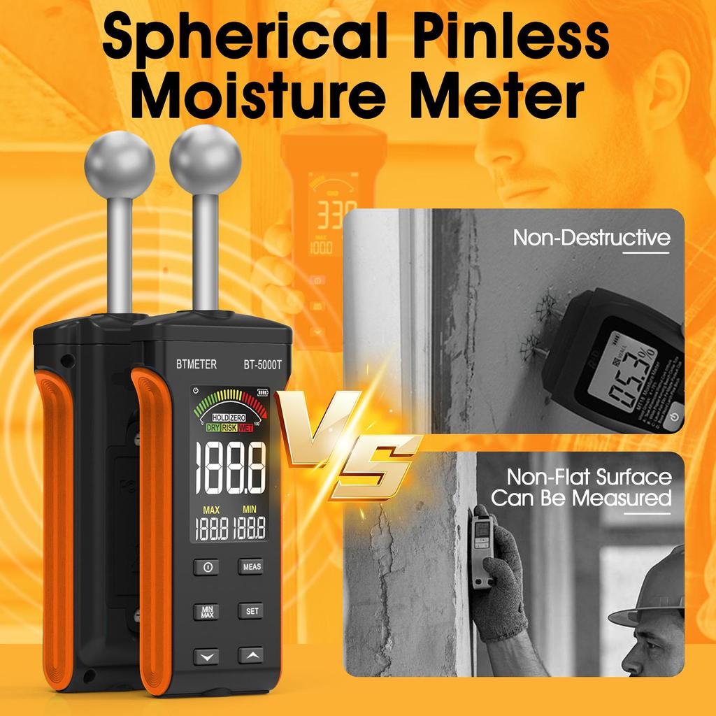 Digital Pinless Moisture Meter with Ball Probe & Color LCD 0~70% RH Range, Alarm Function for Wood/Walls/Concrete/Masonry/Gypsum