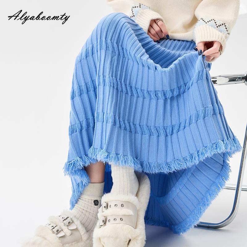 

Осень Зима Женская Вязаная Миди Юбка С Высокой Посадкой Бежевая Черная Синяя Вязаная Юбка с Кисточками Плотная Теплая Элегантная А-Силуэта Юбки Женские One Size синий