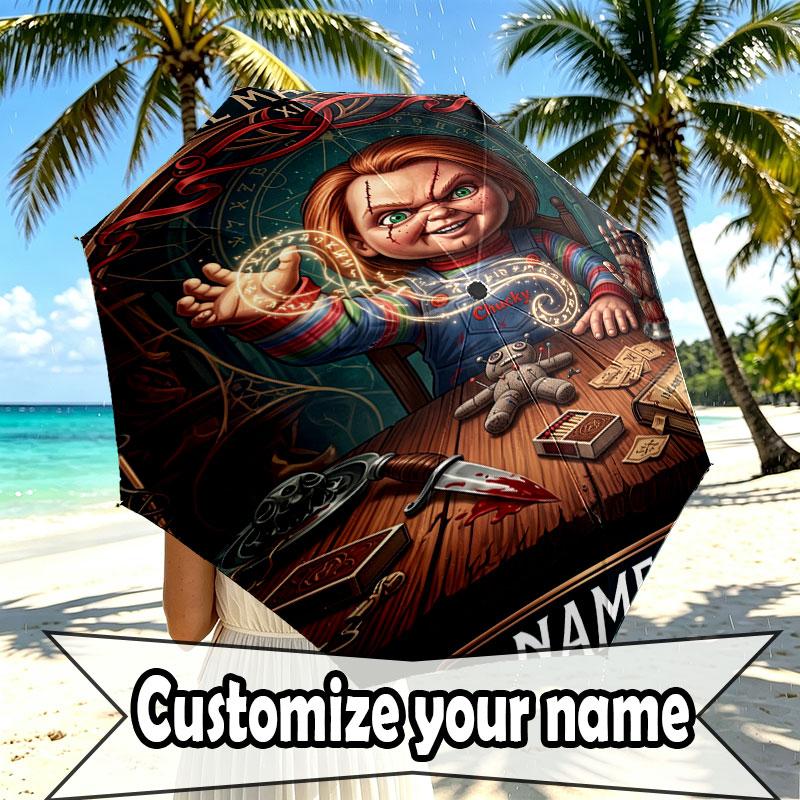 Custom Name Personalized Horror Theme Chucky Print Umbrella, Auto Open Close, 8‑Rib Sturdy Frame, Commute Camping Hiking Use, Birthday Gift