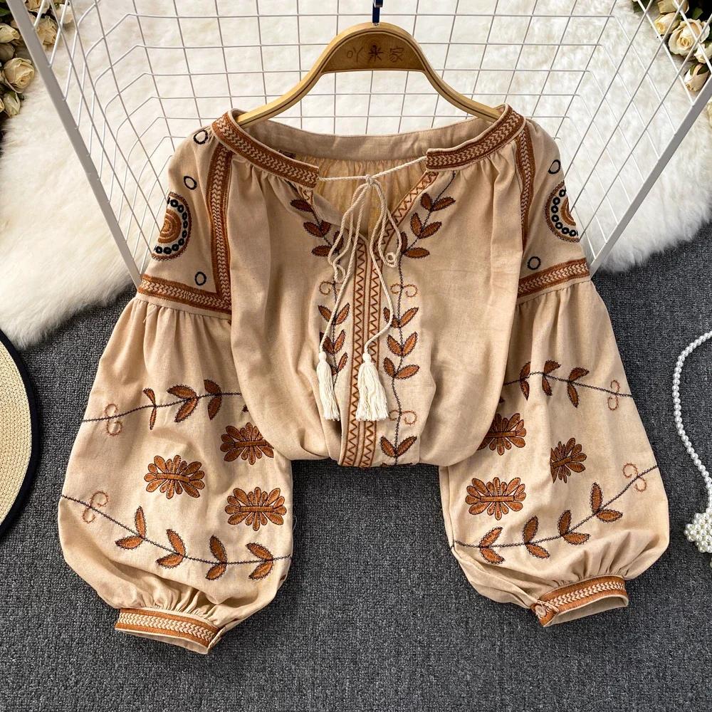 O-neck Floral Embroidery Lantern Sleeve Women Loose Camisas Ethnic Style Spring and Autumn Blouse