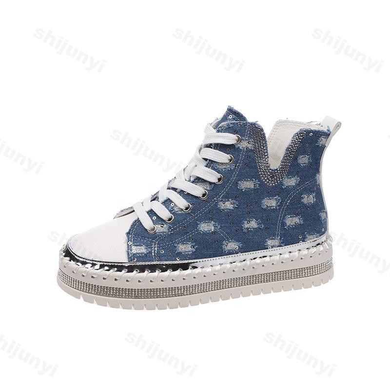 

Fashion Fashion Rhinestones Design High Top Thick Soled Casual Shoes for Women 2025 Autumn New Comfortable Versatile Chunky Single Shoes 35 синий
