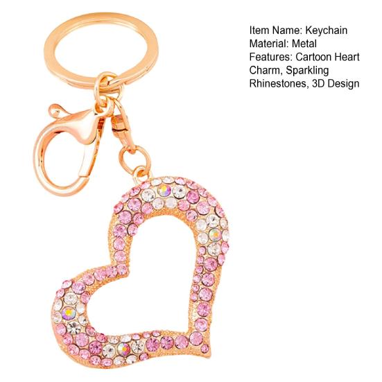 Keychain Pendant 3D Cartoon Heart Design Colorful Rhinestones Inlaid Key Chain with Lobster Clasp Key Ring Bags Accessories