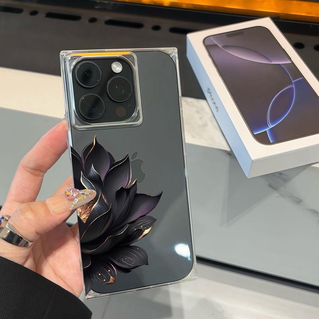 Transparent Square Back Tube Case Casing Protection For iPhone 15 Plus 11 14 Pro Max 16 ProMax 13 12 Anti-Oxygen,Black Lotus Pattern