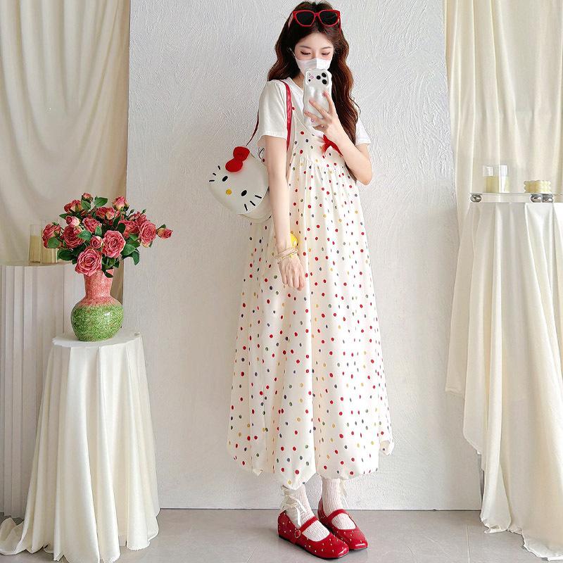2026 Summer Maternity Two-Piece: Colorful Polka Dot Dress for Casual Outings L