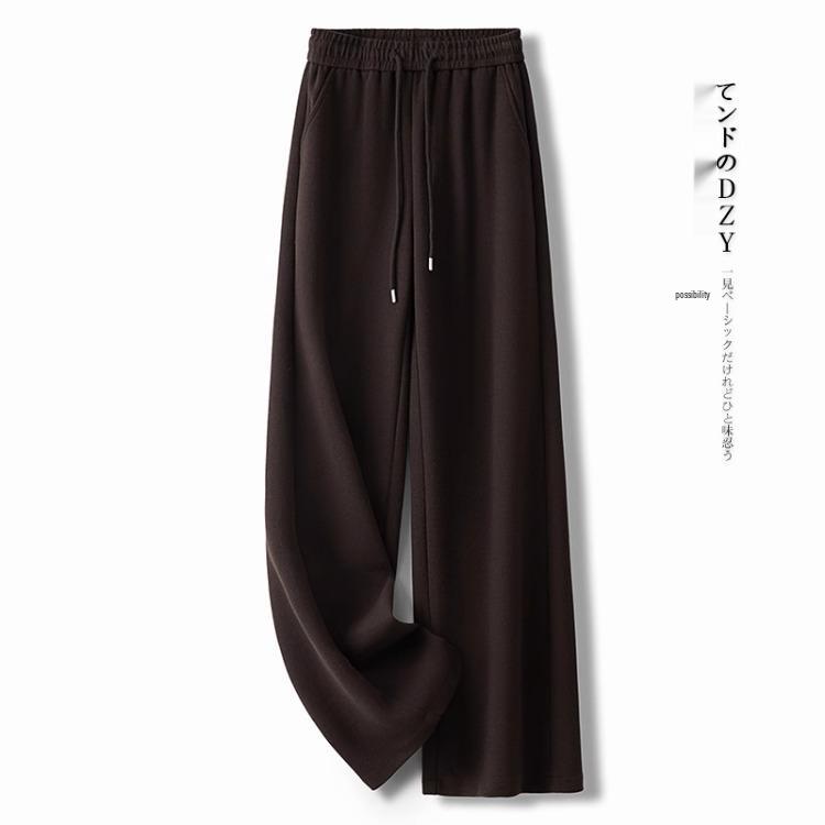 Women's Khaki Woolen Wide Leg Pants - Autumn/Winter 2024 Slimming Fleece-Lined Drapey Pants