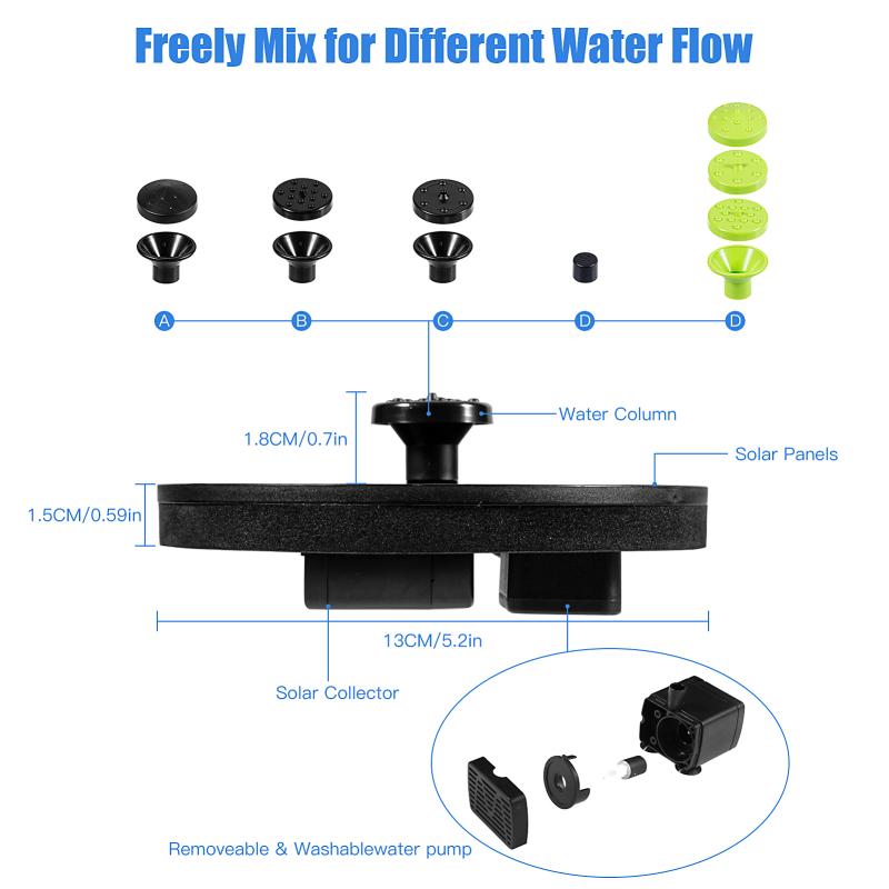 Fântână solară 1w Mini pompă portabilă plutitoare pentru fântână cu 10 duze pentru grădină.