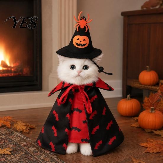 Cat Costume with Hat 1 Set Pet Halloween Costume, Spider Pumpkin Wizard And Outfit Double-Sided Bat Print Cape, Holiday Party for Cats Dogs Medium Dog