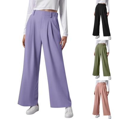 Calças femininas de perna larga, cintura alta elástica, malha casual, calças palazzo, calças com bolsos