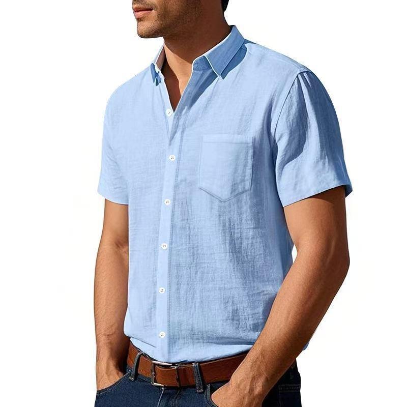 New solid color linen shirt short-sleeved men's lapel loose casual pocket shirt men's summer