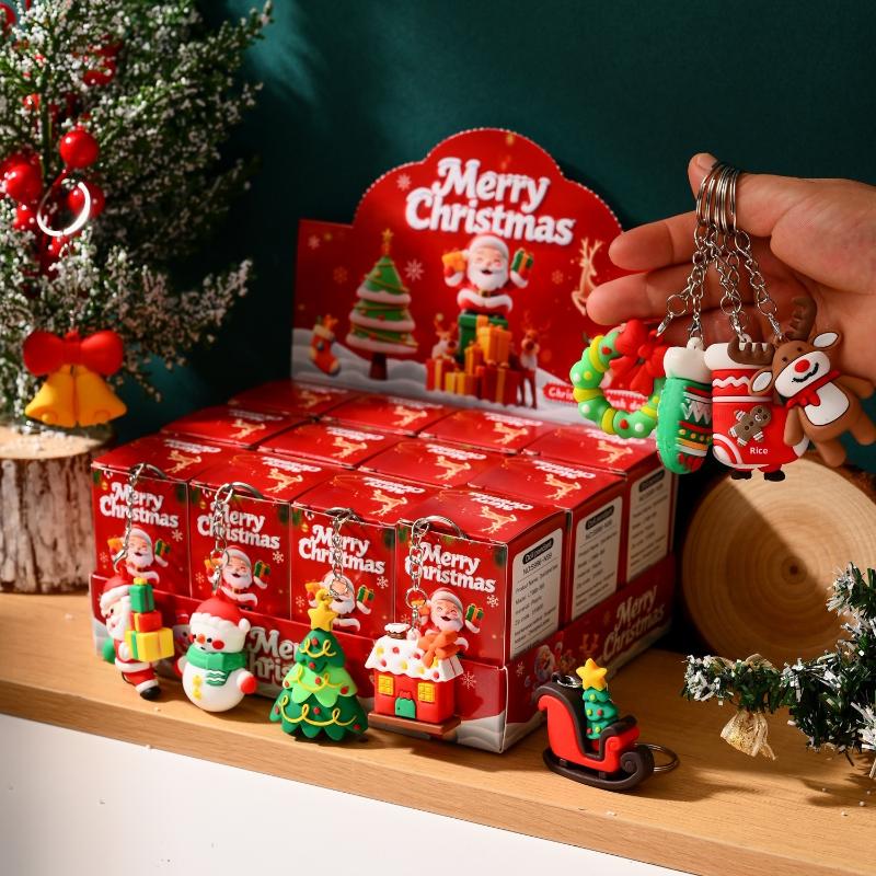 12Pcs Christmas Keychain Blind Box Cartoon Santa Claus Tree Snowman Keyring Backpack Pendant Surprise Box  Year Party Gift