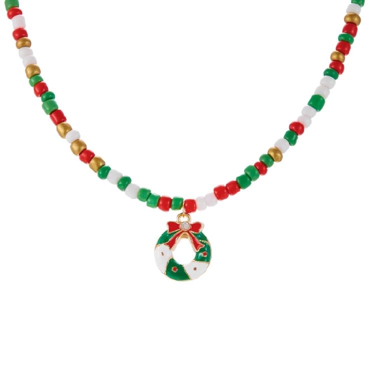 Christmas Themed Bead Necklace Featuring Santa Pendant Festive Color Jewelry For Holiday Gatherings And Outfit Styling