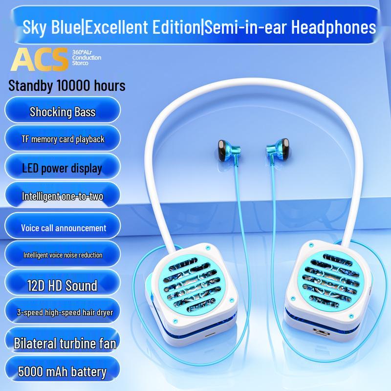 

2026 High-End Neck-Hanging Fan with Bluetooth 5.3 Earphones, 5000mAh, Compatible with Mobile Phones Standard (Ear Tips + Data Cable)