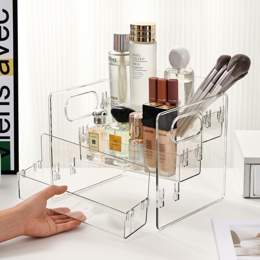 1pc Transparent Acrylic Cosmetic Storage Rack Threelayer Snap Detachable Handheld Cosmetic Container Skincare Desktop Organizer