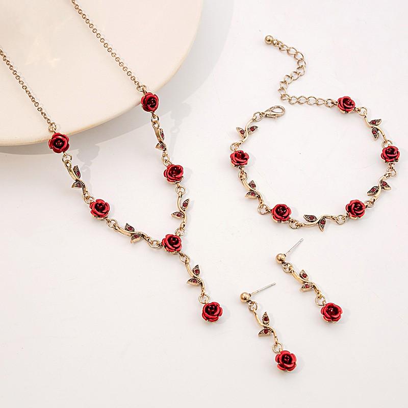 Romantic French Rose Earrings, Red Flower Bracelet, and Retro-Inspired Necklace Set