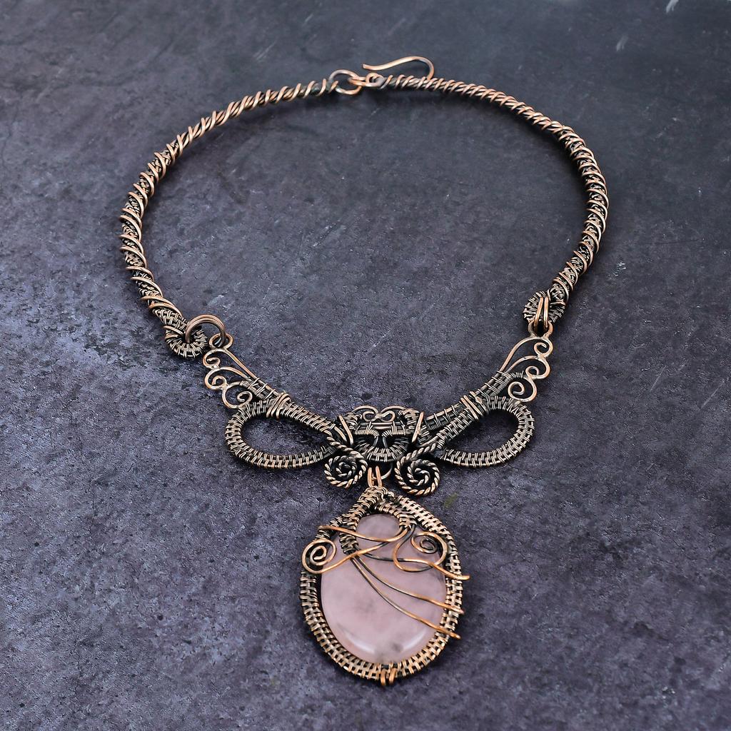 Natural Rose Quartz Gemstone Handmade Copper Wire Wrap Jewelry Necklace 18" D8c73