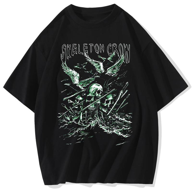 

YK Tshirt Washed New Harajuku Retro Hip Hop Skull Pattern Oversized T shirt Mens Womens Short Sleeved Gothic Clothing Tops S